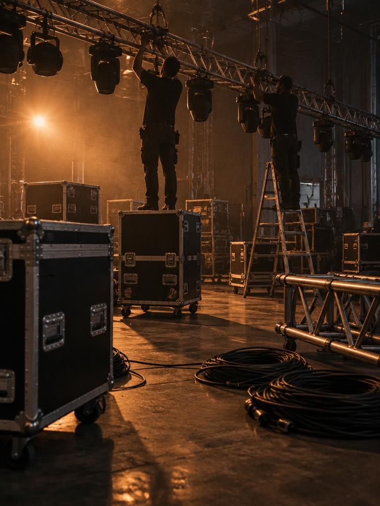 Techniker montieren eine Lichttraverse in einer dunklen Halle