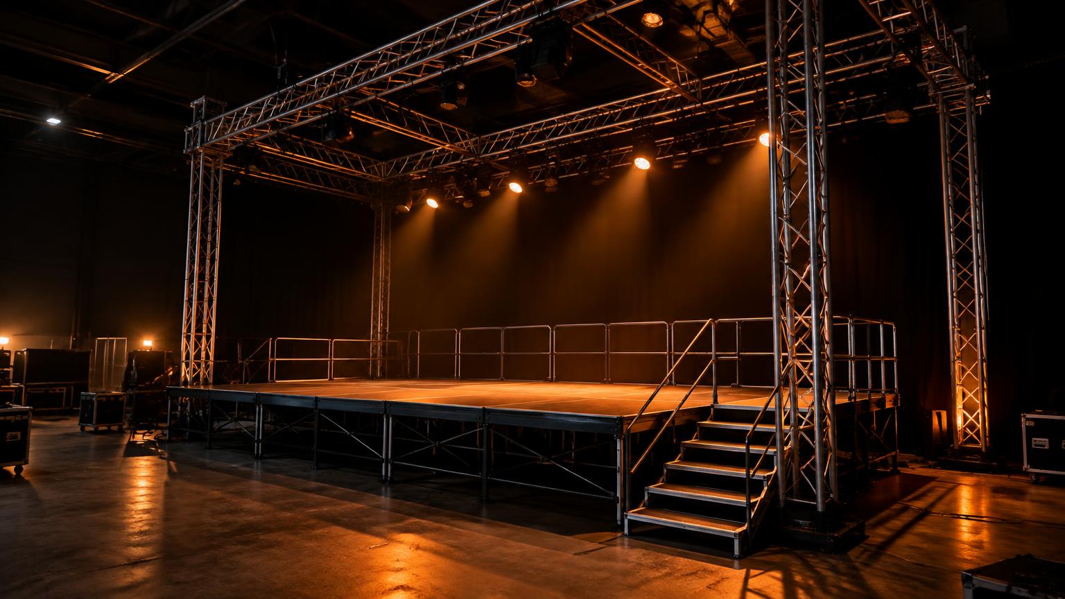 Aufgebaute Bühne mit Podest, Treppe und Traverse in einer dunklen Halle