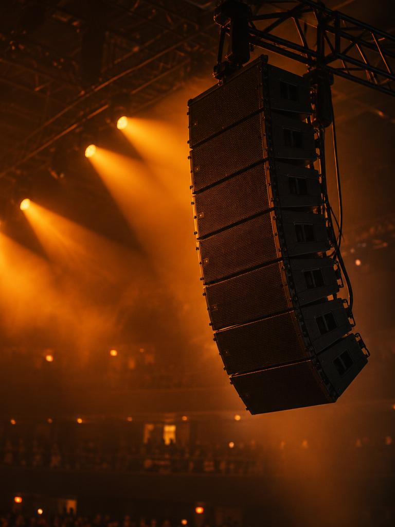 Line-Array-Lautsprecher hängt über dem Publikum im warmen Bühnenlicht