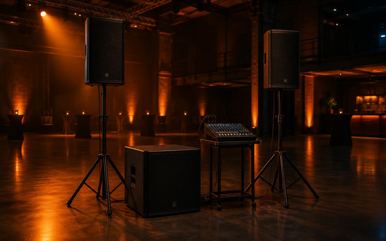 Zwei Lautsprecher auf Stativen mit Subwoofer und kleinem Mischpult in einem Festsaal